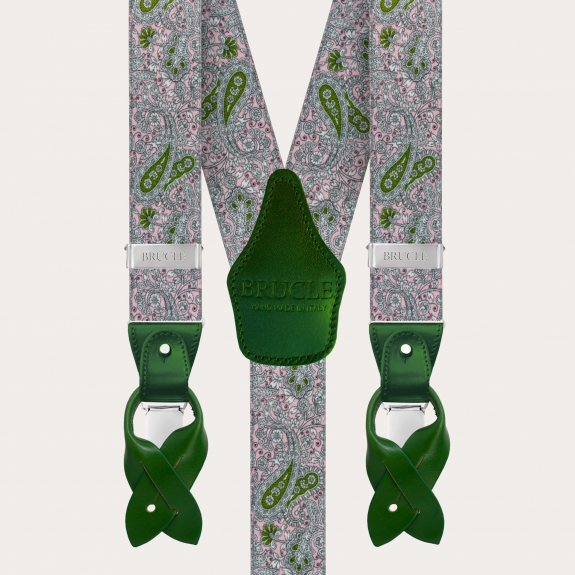 BRUCLE Y-shape elastic suspenders, pink and green cashmere pattern