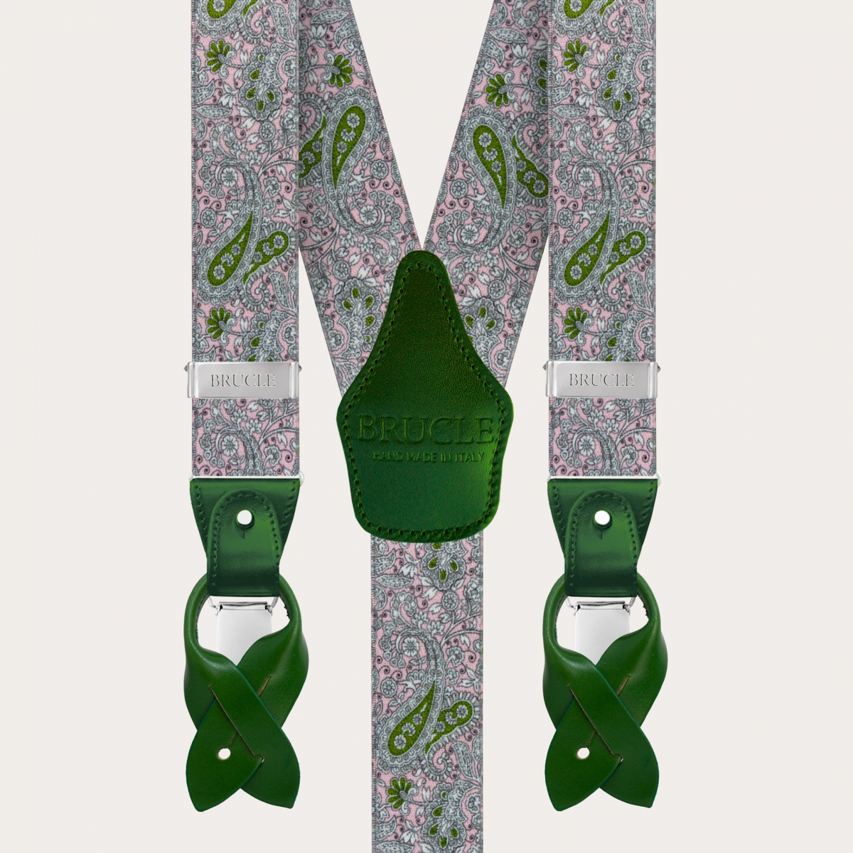 BRUCLE Y-shape elastic suspenders, pink and green cashmere pattern