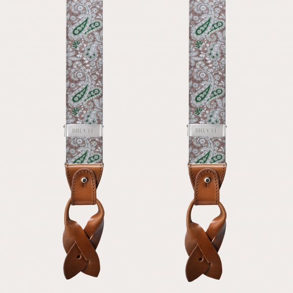 BRUCLE Y-shape elastic suspenders, brown and green cashmere pattern