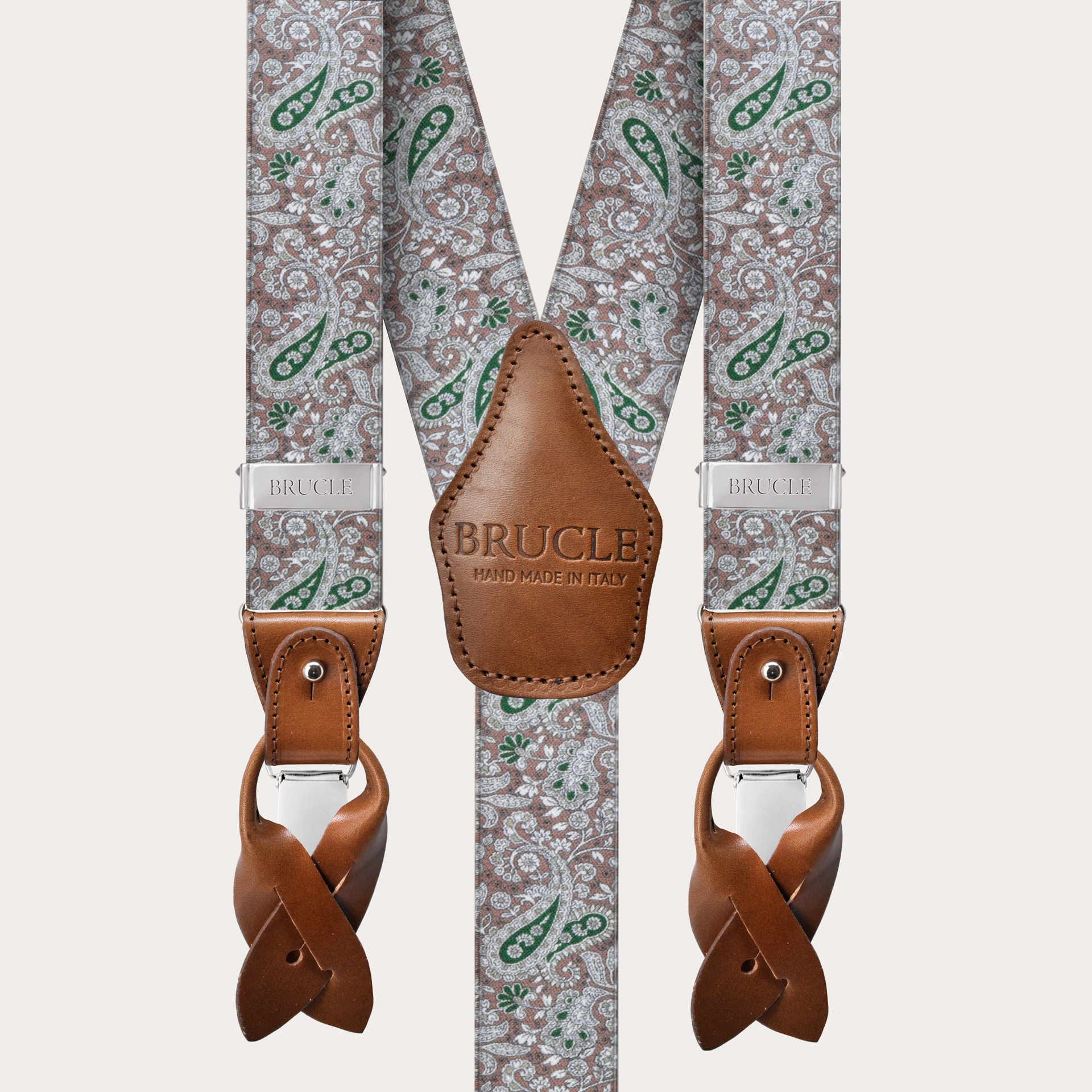 Y-shape elastic suspenders, brown and green cashmere pattern