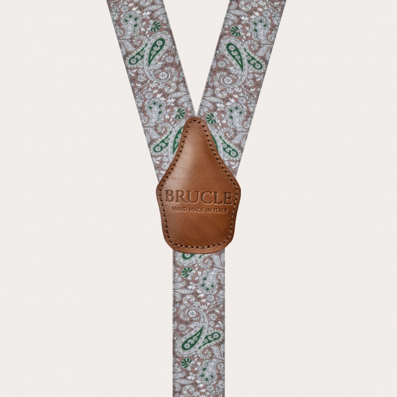 Y-shape elastic suspenders, brown and green cashmere pattern