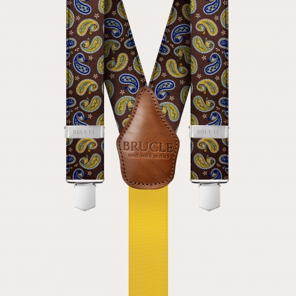 Y-shape suspenders with satin effect, brown paisley pattern