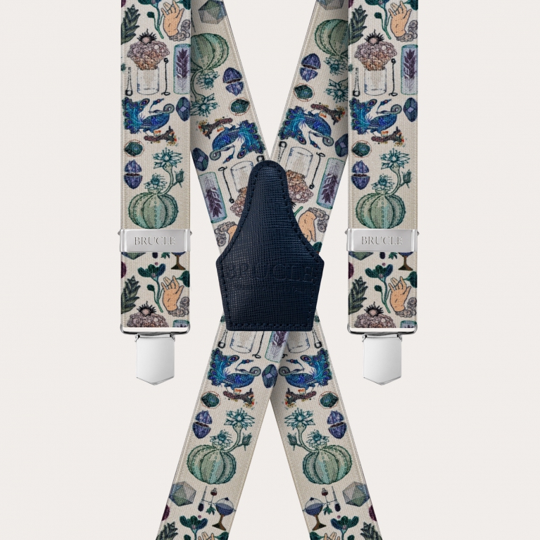 Unisex X suspenders with satin effect, alchemical pattern