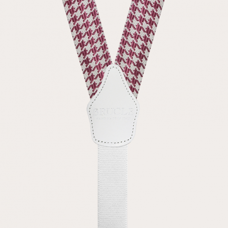 Formal Y-shape fabric suspenders in silk, pink pied de poule