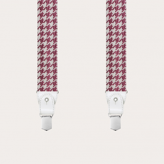Bretelles larges en soie à motif rose pied de poule à clip ou boutonniere