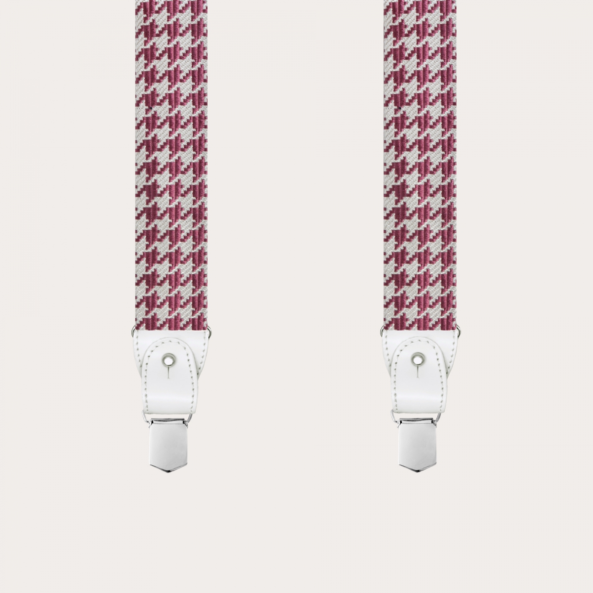Bretelles larges en soie à motif rose pied de poule à clip ou boutonniere