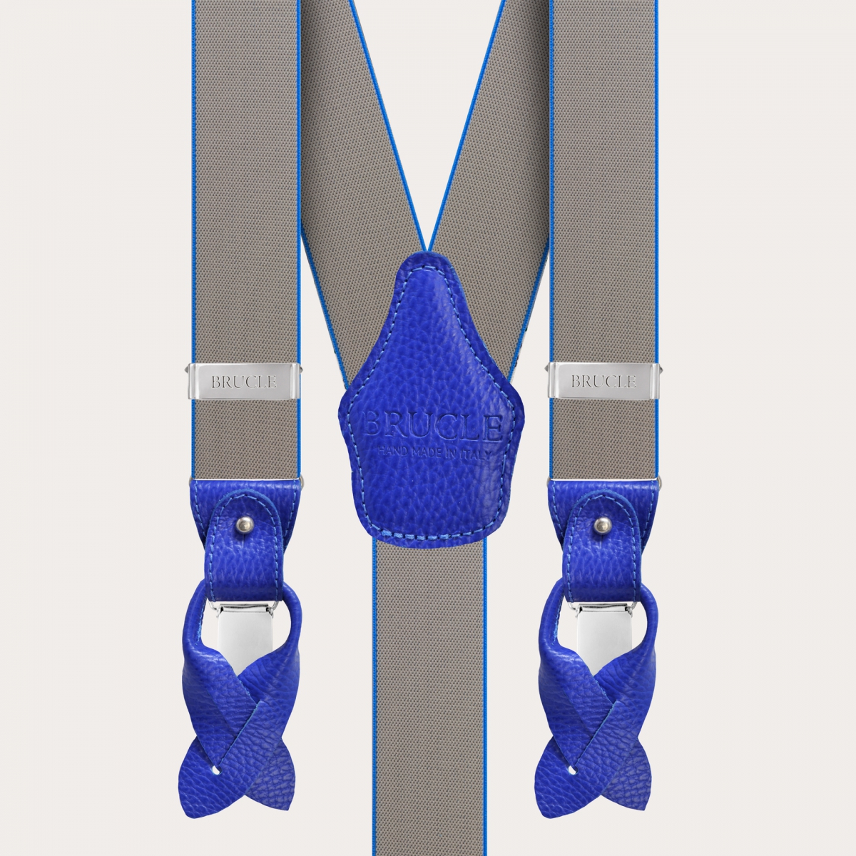 Y-shape elastic suspenders, beige with blue borders