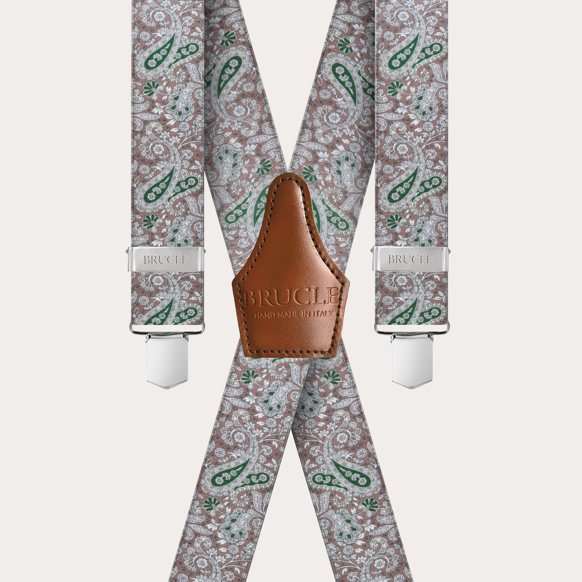 BRUCLE Unisex X suspenders with satin effect, brown and green cashmere pattern