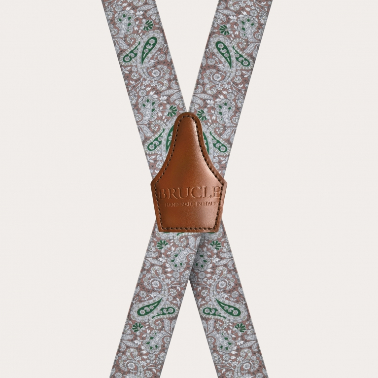 Unisex X suspenders with satin effect, brown and green cashmere pattern
