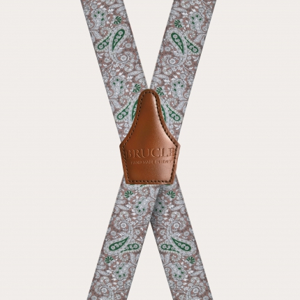 Unisex X suspenders with satin effect, brown and green cashmere pattern