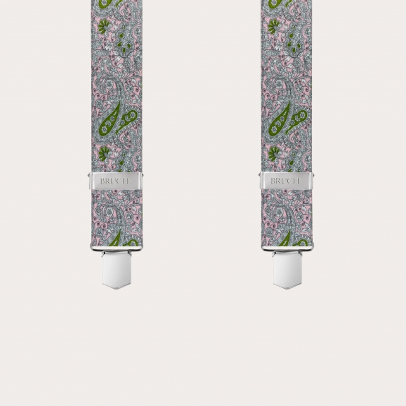 BRUCLE Unisex X suspenders with satin effect, pink and green cashmere pattern