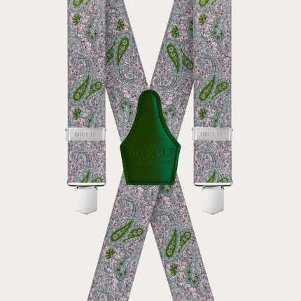 Tirantes en forma de X unisex con efecto satinado, patrón de cachemire rosa y verde