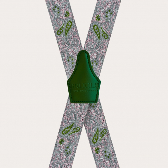 BRUCLE Bretelle unisex a X effetto raso, fantasia cachemire rosa e verde