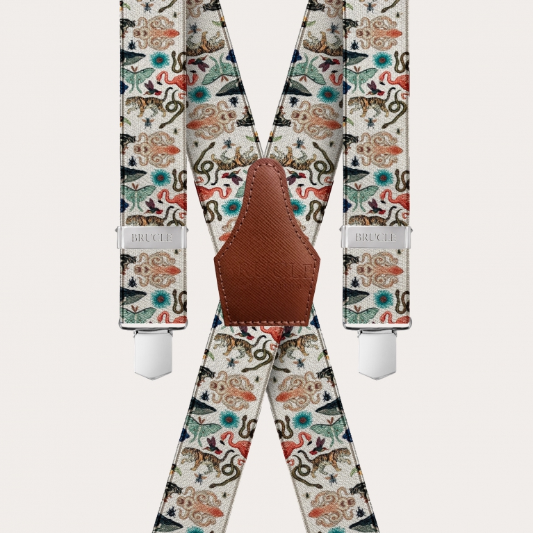 X-shape elastic satin suspenders, exotic animal pattern