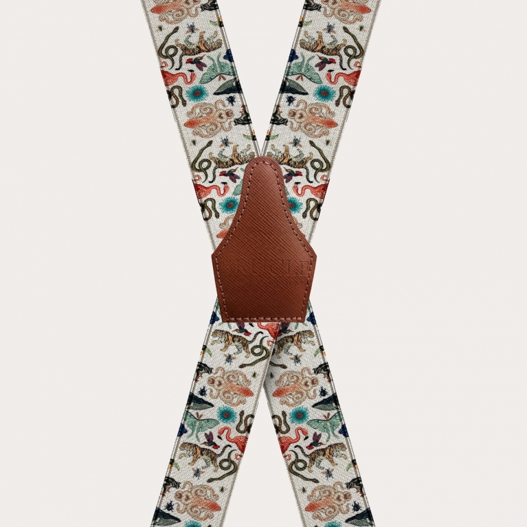 X-shape elastic satin suspenders, exotic animal pattern
