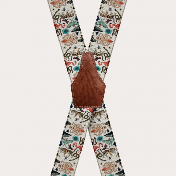 BRUCLE X-shape elastic satin suspenders, exotic animal pattern
