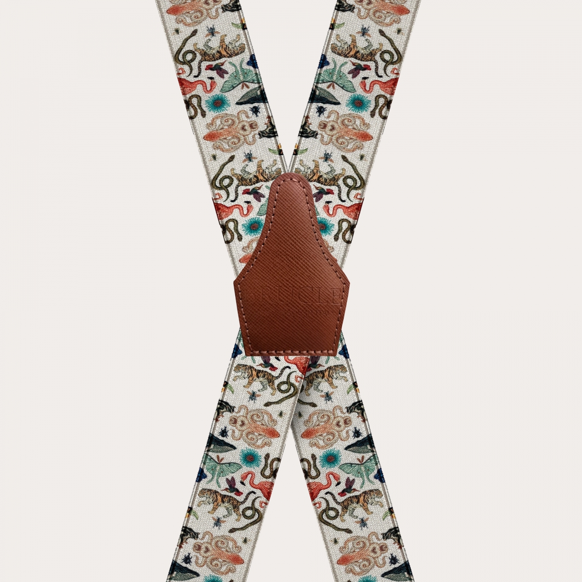 BRUCLE X-shape elastic satin suspenders, exotic animal pattern