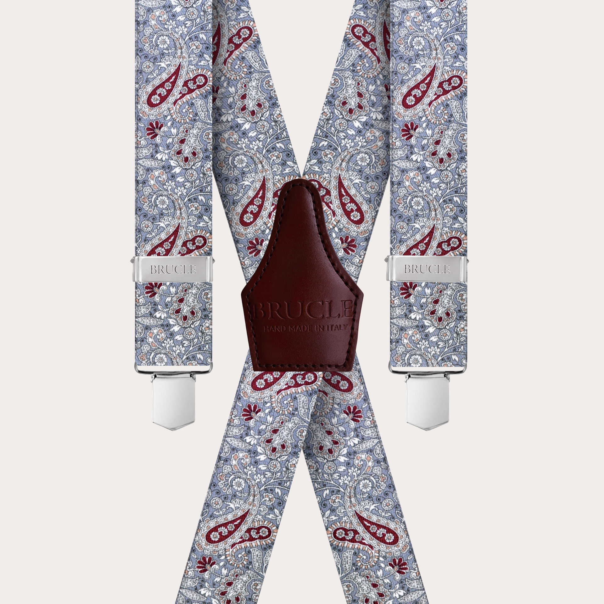 BRUCLE Unisex X suspenders with satin effect, grey and red cashmere pattern