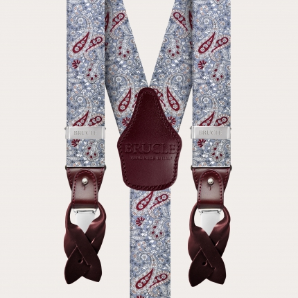 Unisex Y suspenders with satin effect, grey and red cashmere pattern