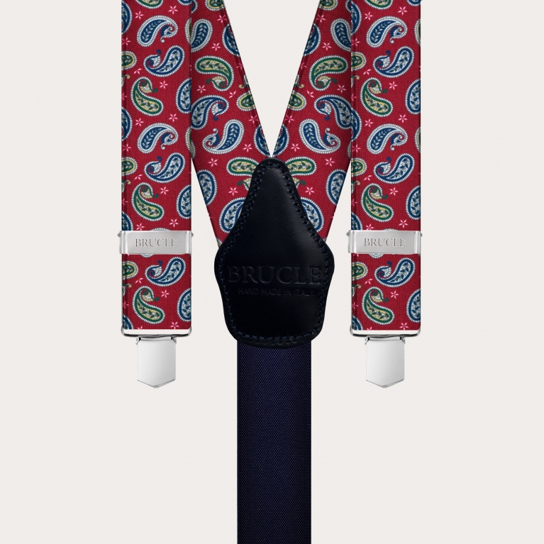 Y-shape suspenders with satin effect, red paisley pattern