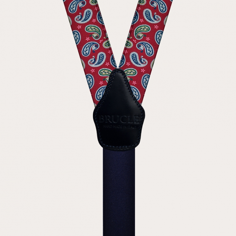 Y-shape suspenders with satin effect, red paisley pattern