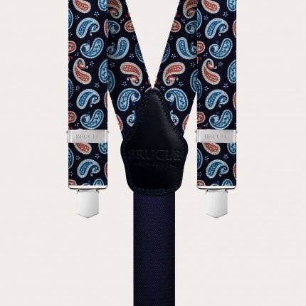 Y-shape suspenders with satin effect, navy blue paisley pattern