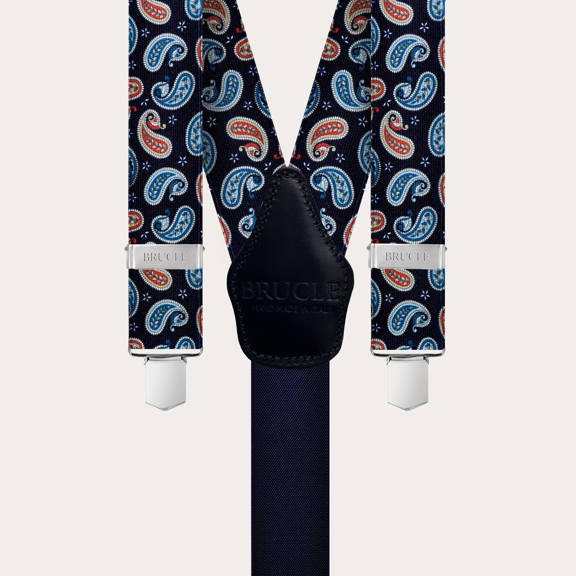 BRUCLE Unisex Y-Hosenträger mit Satin-Effekt, blaues Paisley-Muster 