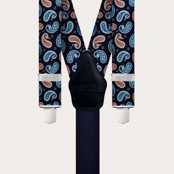 BRUCLE Unisex Y-Hosenträger mit Satin-Effekt, blaues Paisley-Muster 