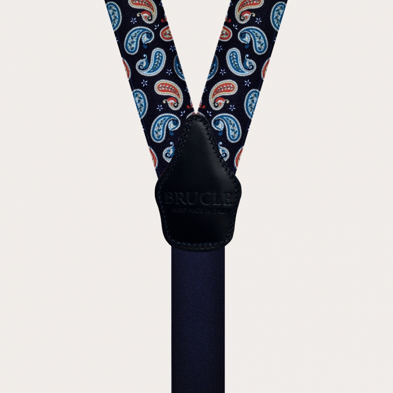 Bretelle unisex a Y effetto raso, fantasia paisley blue navy