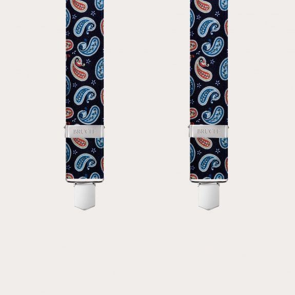 BRUCLE Bretelles unisexes en Y effet satiné, motif cachemire bleu navy