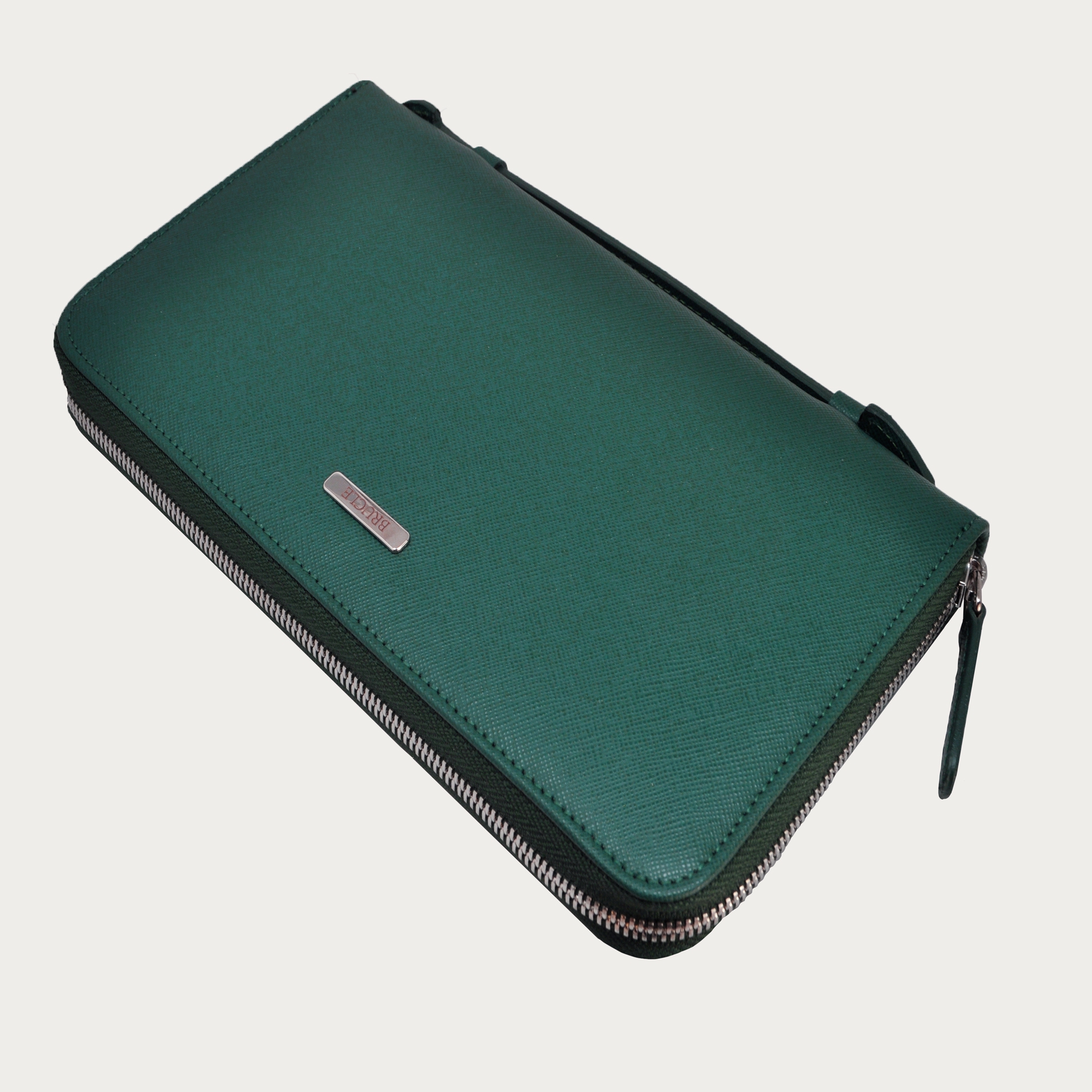 Green saffiano Leather wallet document holder with zip around