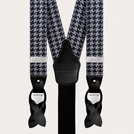 Formal Y-shape fabric suspenders in silk, black pied de poule