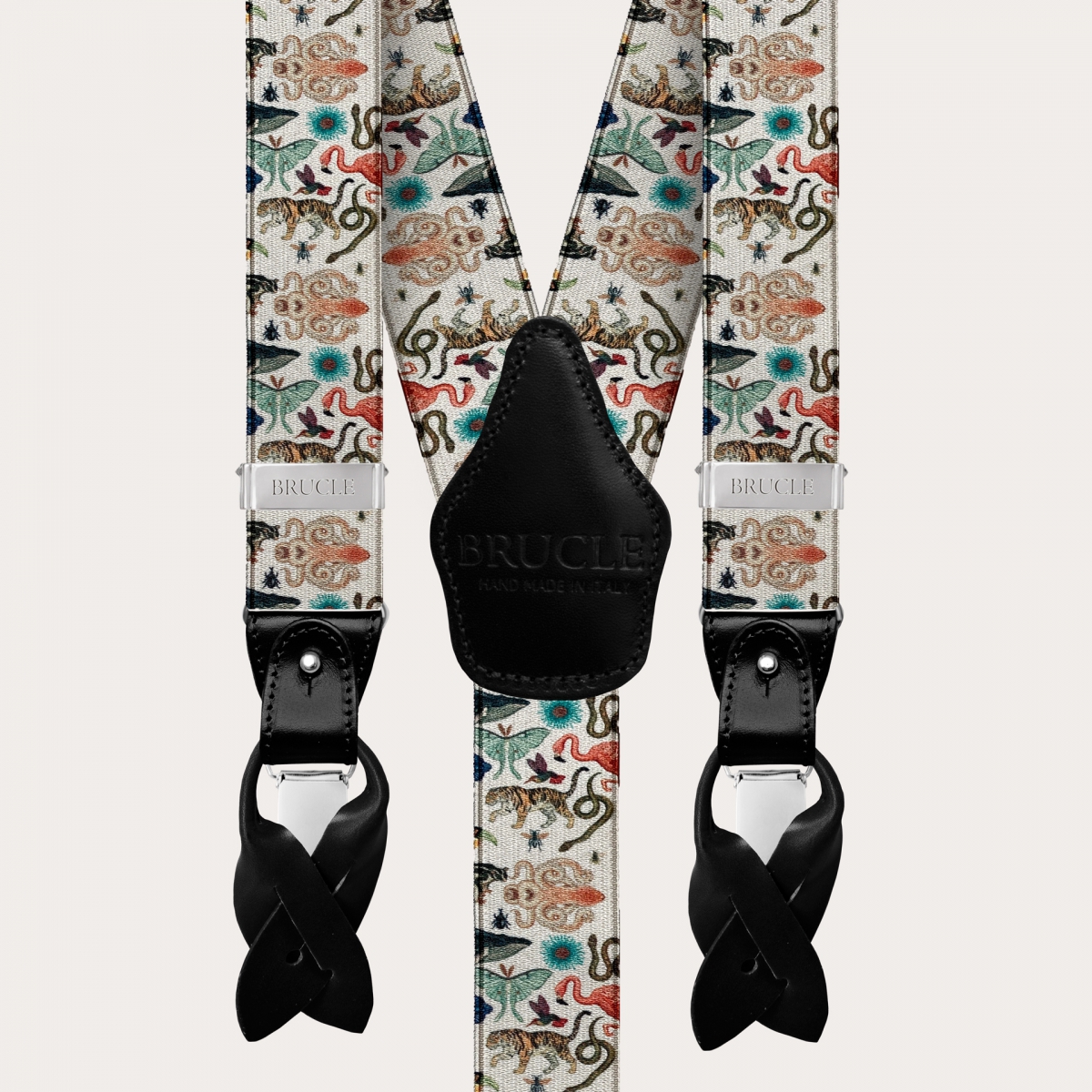 BRUCLE Y-förmige elastische Satin-Hosenträger, exotisches Tiermuster