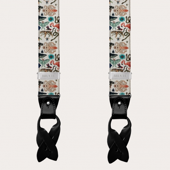 BRUCLE Y-förmige elastische Satin-Hosenträger, exotisches Tiermuster
