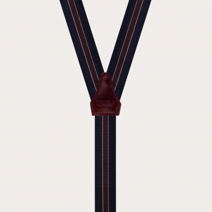 Elastische Hosenträger in Y-Form, blau und burgunderrot