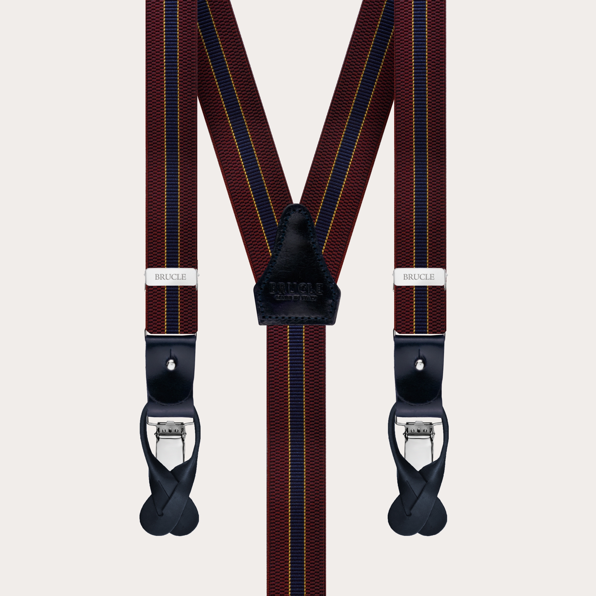 BRUCLE Y-shape elastic suspenders, burgundy and blue regimental