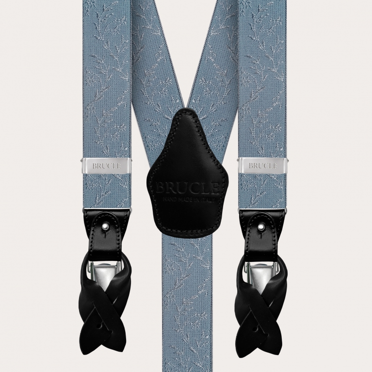 Bretelles formelles en forme de Y pour les cérémonies, papier de sucre bleu avec des accents de coleur perle