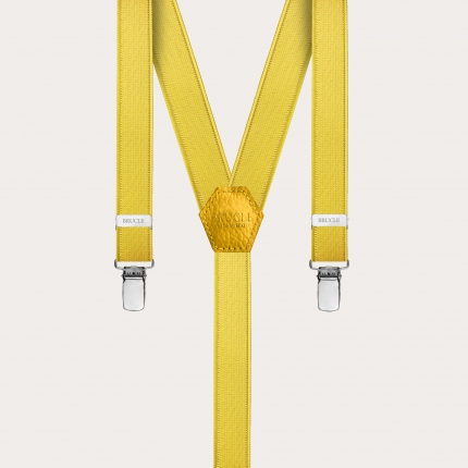 Formal skinny Y-shape elastic suspenders with clips, satin yellow