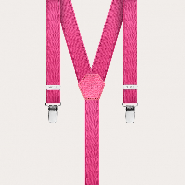 Formal skinny Y-shape elastic suspenders with clips, satin fuchsia