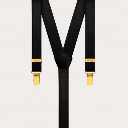 Formal skinny Y-shape elastic suspenders with golden clips, satin black