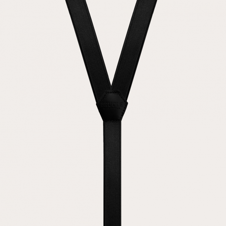Formal skinny Y-shape elastic suspenders with golden clips, satin black