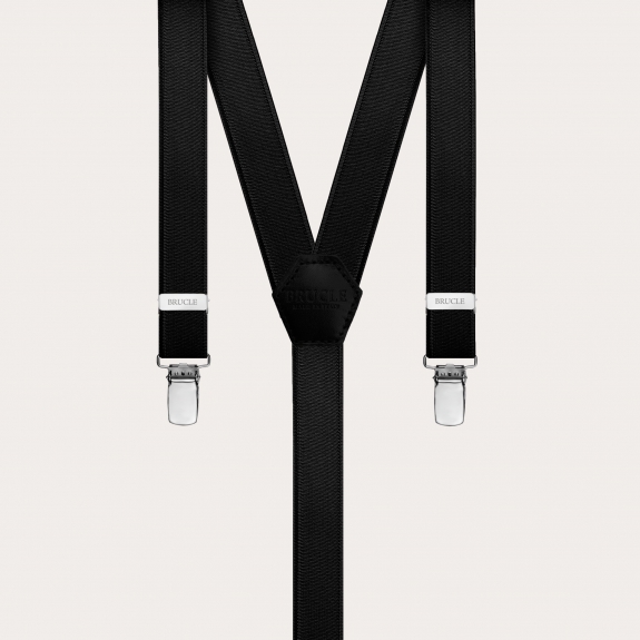 Formal skinny Y-shape elastic suspenders with clips, satin black