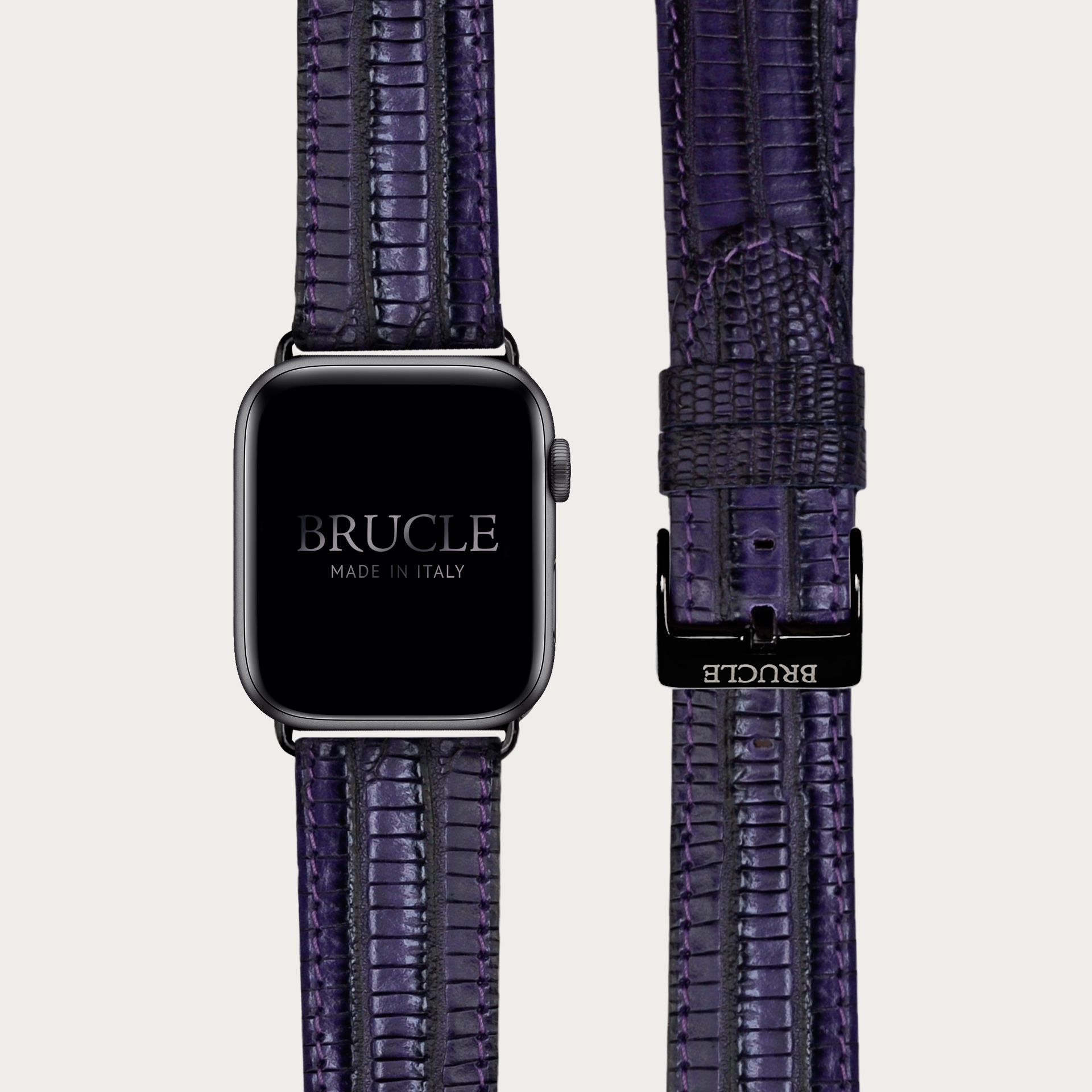 Brucle Armband kompatibel mit Apple Watch / Samsung Smartwatch, lilafarbenes Leder mit Tejus-Print