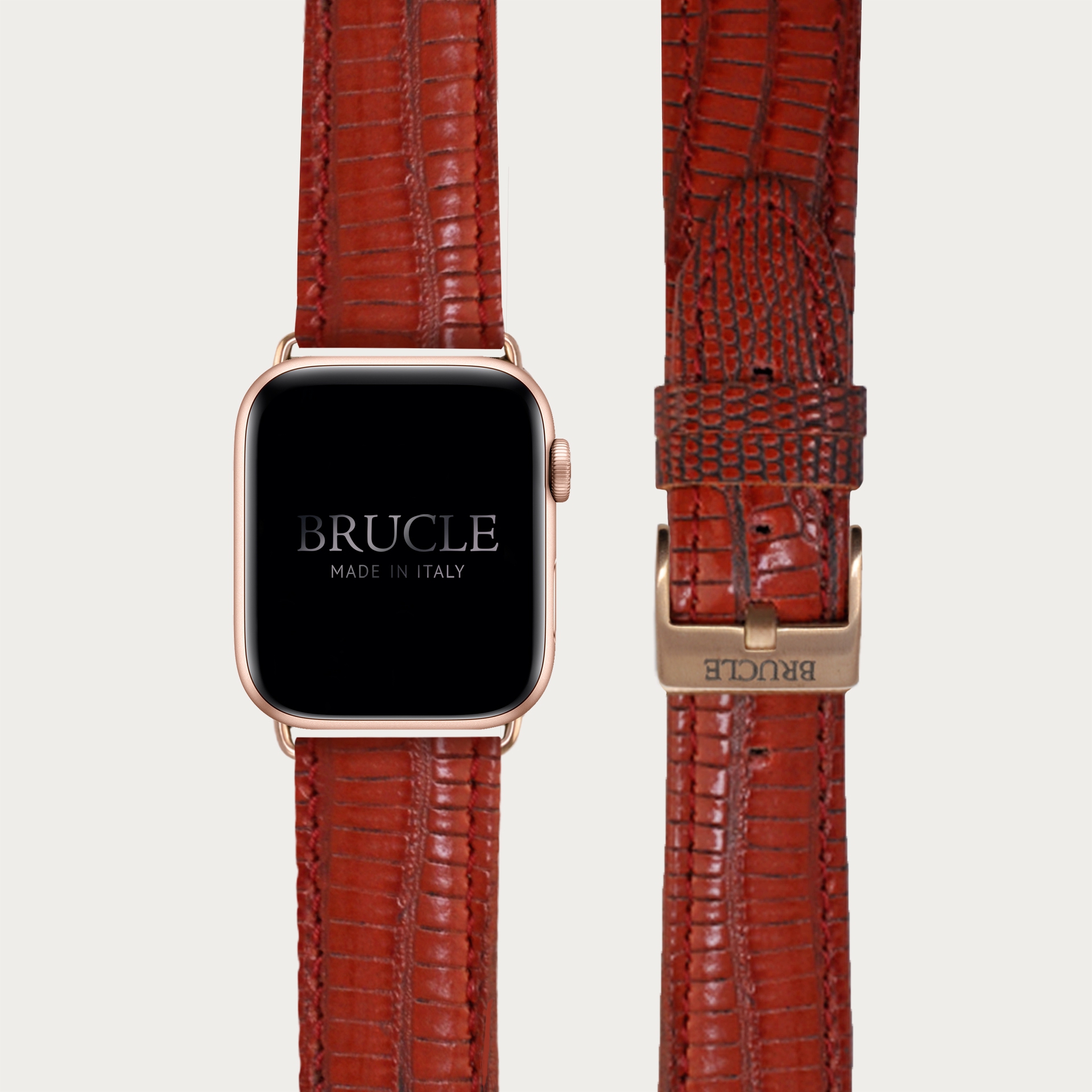 Brucle Armband kompatibel mit Apple Watch / Samsung Smartwatch, rot farbenes Leder mit Tejus-Print