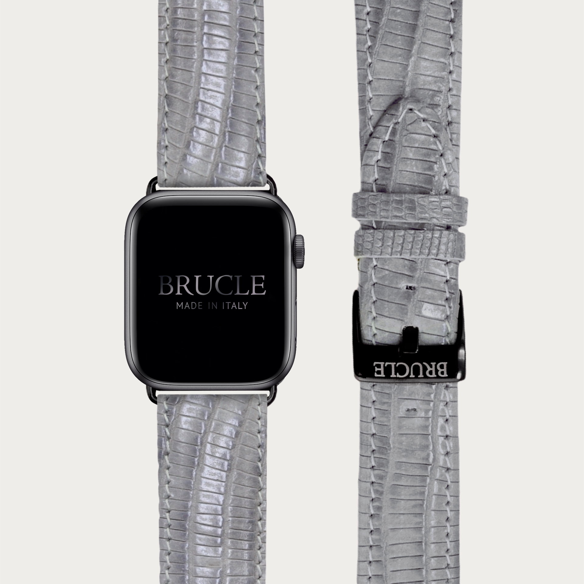 Brucle Bracelet en cuir pour montre, Apple Watch et Samsung smartwatch, imprimé tejus, gris