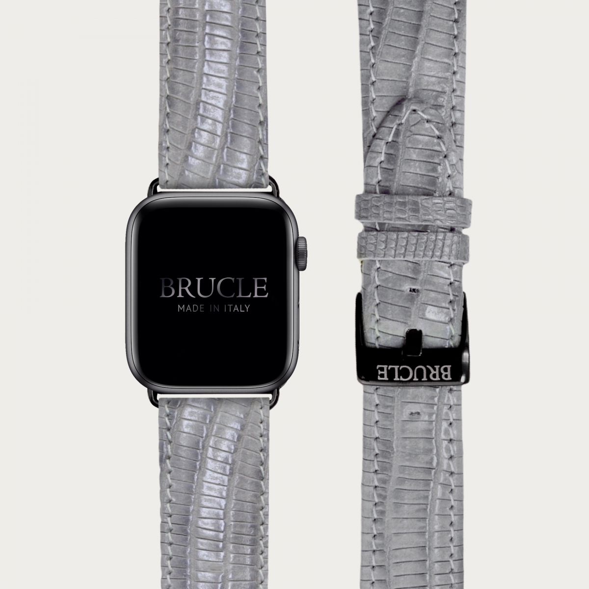 Brucle Armband kompatibel mit Apple Watch / Samsung Smartwatch, grau farbenes Leder mit Tejus-Print