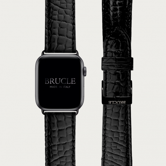 Bracelet montre alligator noir, compatible Apple Watch et Samsung smartwatch