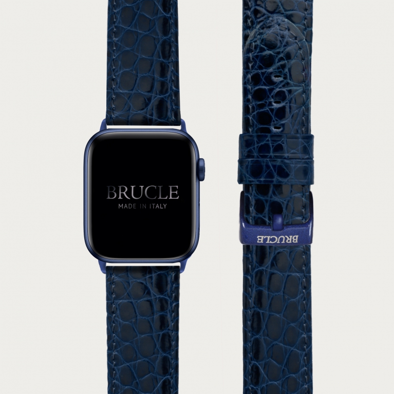 Correa de reloj en genuino caimán compatible con Apple Watch / Samsung smartwatch, navy blue