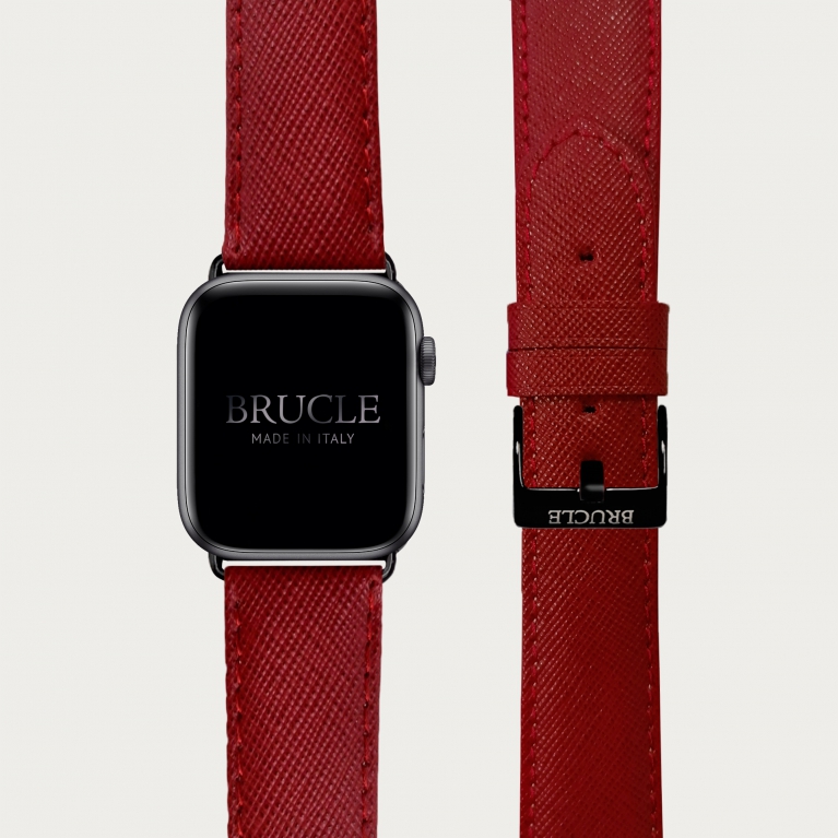 Leather Watch band compatible with Apple Watch / Samsung smartwatch, red Saffiano print