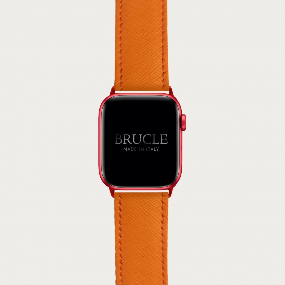 Cinturino arancio in pelle stampa Saffiano per orologio, Apple Watch e Samsung Galaxy Watch